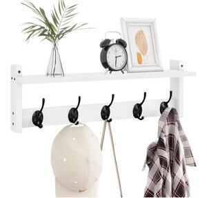 Wall Mount Coat Rack with Shelf 5 Hooks for Coats Backpacks Keys, White